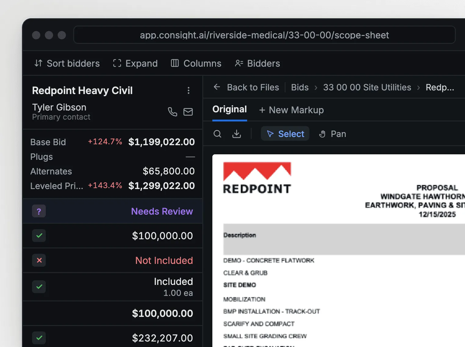 AI bid leveling in Consight with a subcontractor proposal beside its base bid, plugs, alternates and leveled price