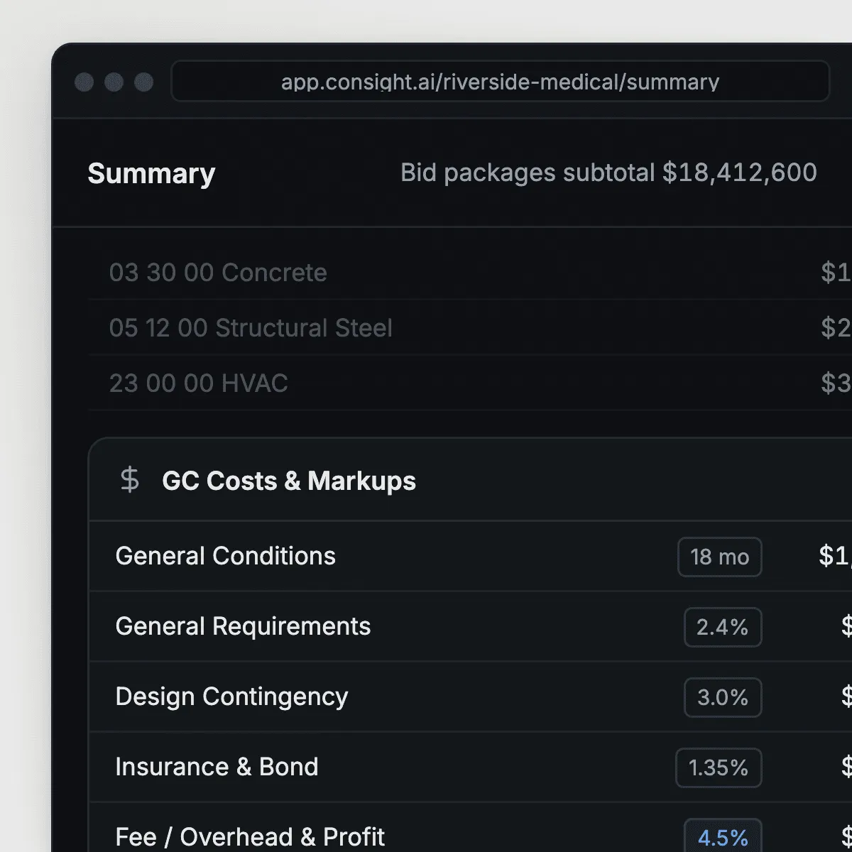 Estimate summary in Consight with bid package subtotals plus general conditions, contingency and fee markups