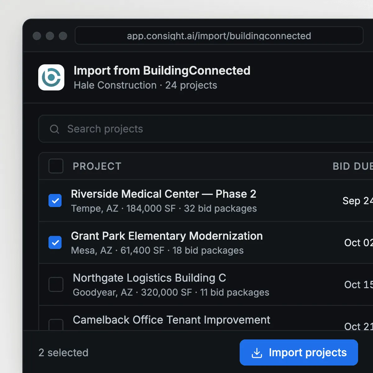 Importing projects from BuildingConnected into Consight
