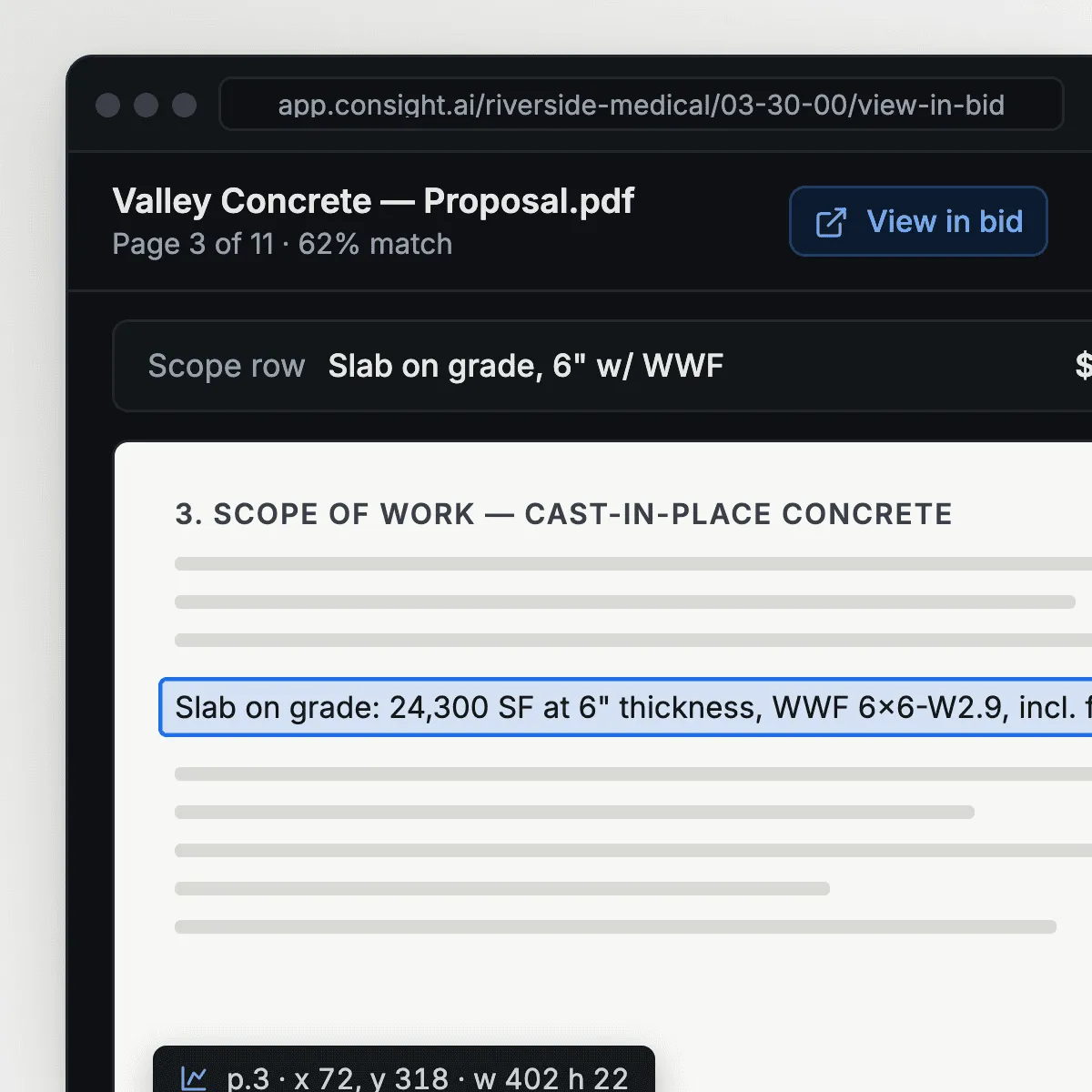 A subcontractor proposal PDF with the matching scope sheet row highlighted for traceability