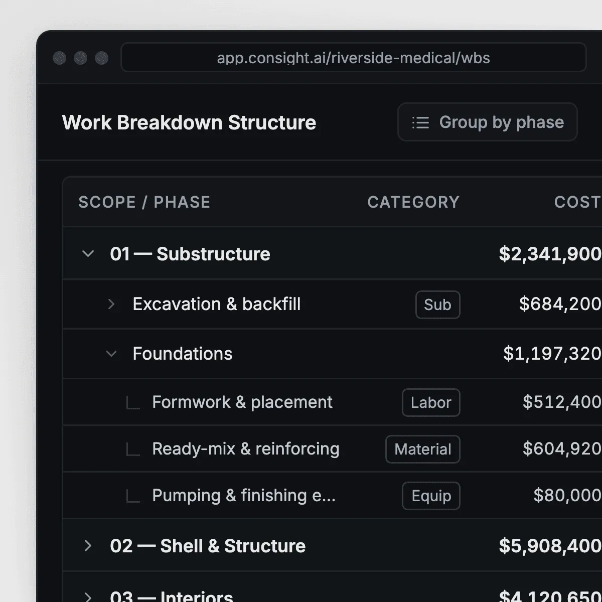 Work breakdown structure in Consight grouping scope by phase with category and cost columns