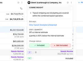Consight explaining how a bidder covered a scope item, with the source text and options to mark it included or not included