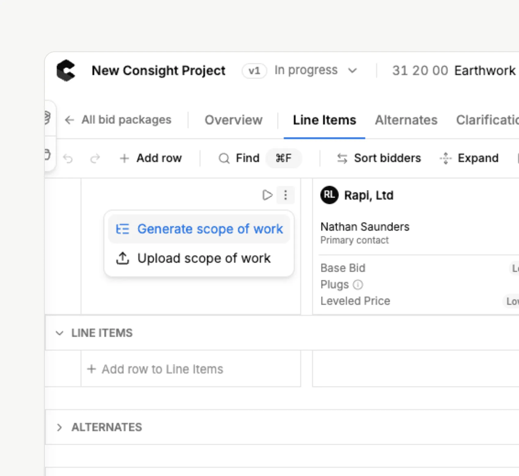 Generating a subcontractor scope of work for an earthwork bid package in Consight