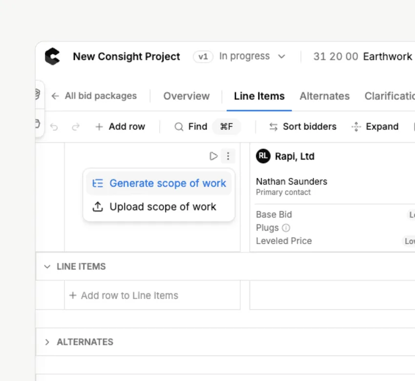 Generating a subcontractor scope of work for an earthwork bid package in Consight