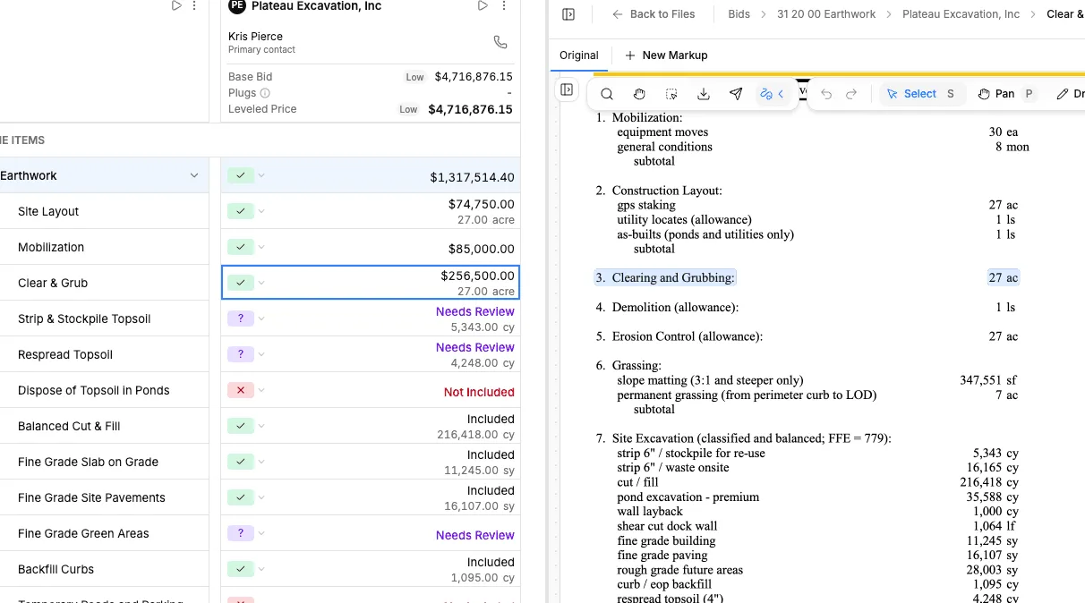 A leveled line item shown beside the original subcontractor proposal with the matching text highlighted
