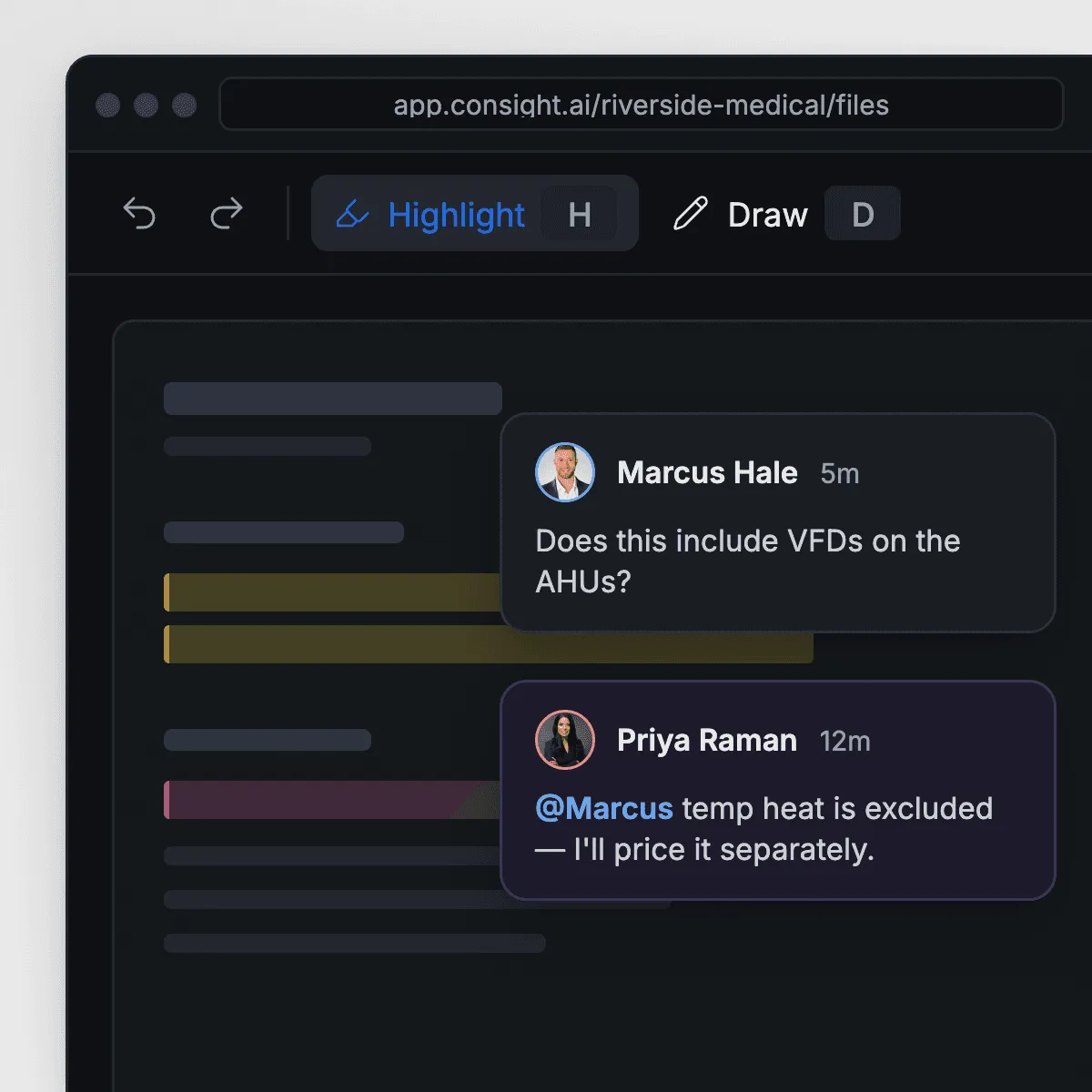 Highlighting a plan sheet in Consight while teammates discuss the scope in a comment thread