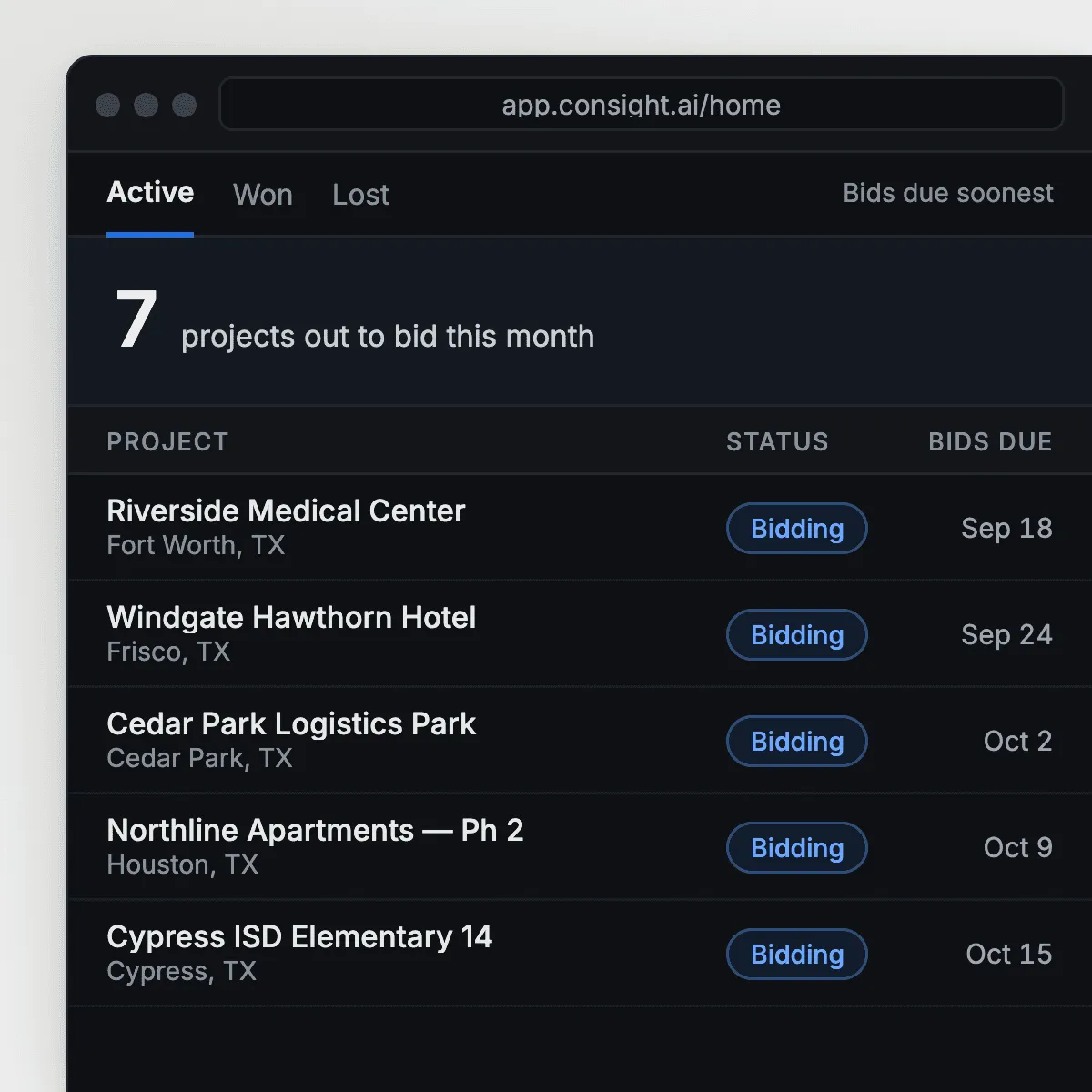 Consight project dashboard listing active projects out to bid with status and bid due dates