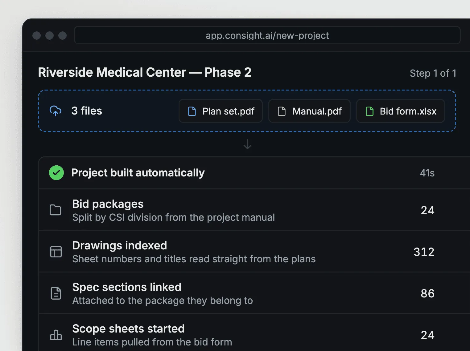 Consight building a new project automatically from a plan set, project manual and bid form, with bid packages, drawings, spec sections and scope sheets created