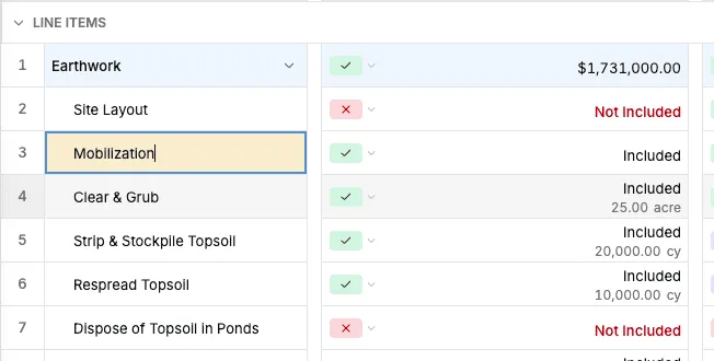 Renaming a scope sheet line item by typing directly in the cell