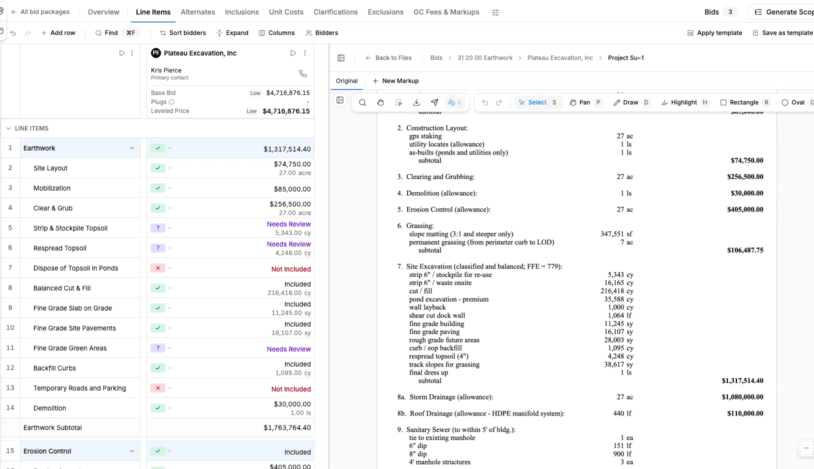 Scope sheet line items shown beside the source proposal PDF for side-by-side checking