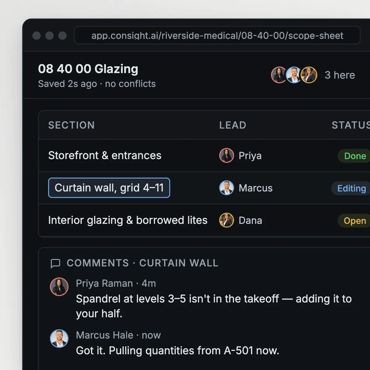 Three teammates working in the same glazing scope sheet with section owners, statuses and comments