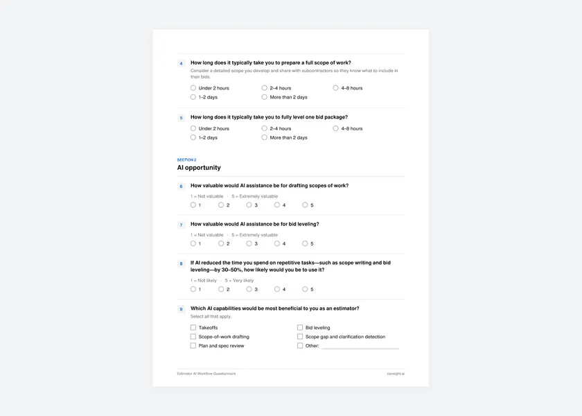 Page 2 of the estimator AI readiness survey, with questions on the value of AI for scopes of work and bid leveling