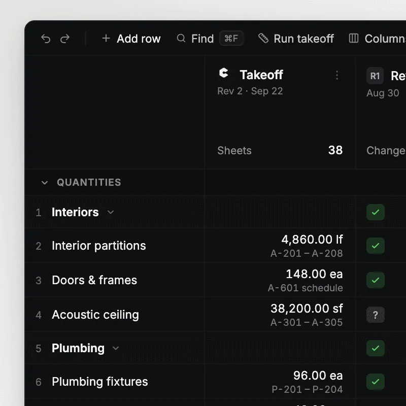 AI takeoff in Consight with interior and plumbing quantities pulled from drawing sheets